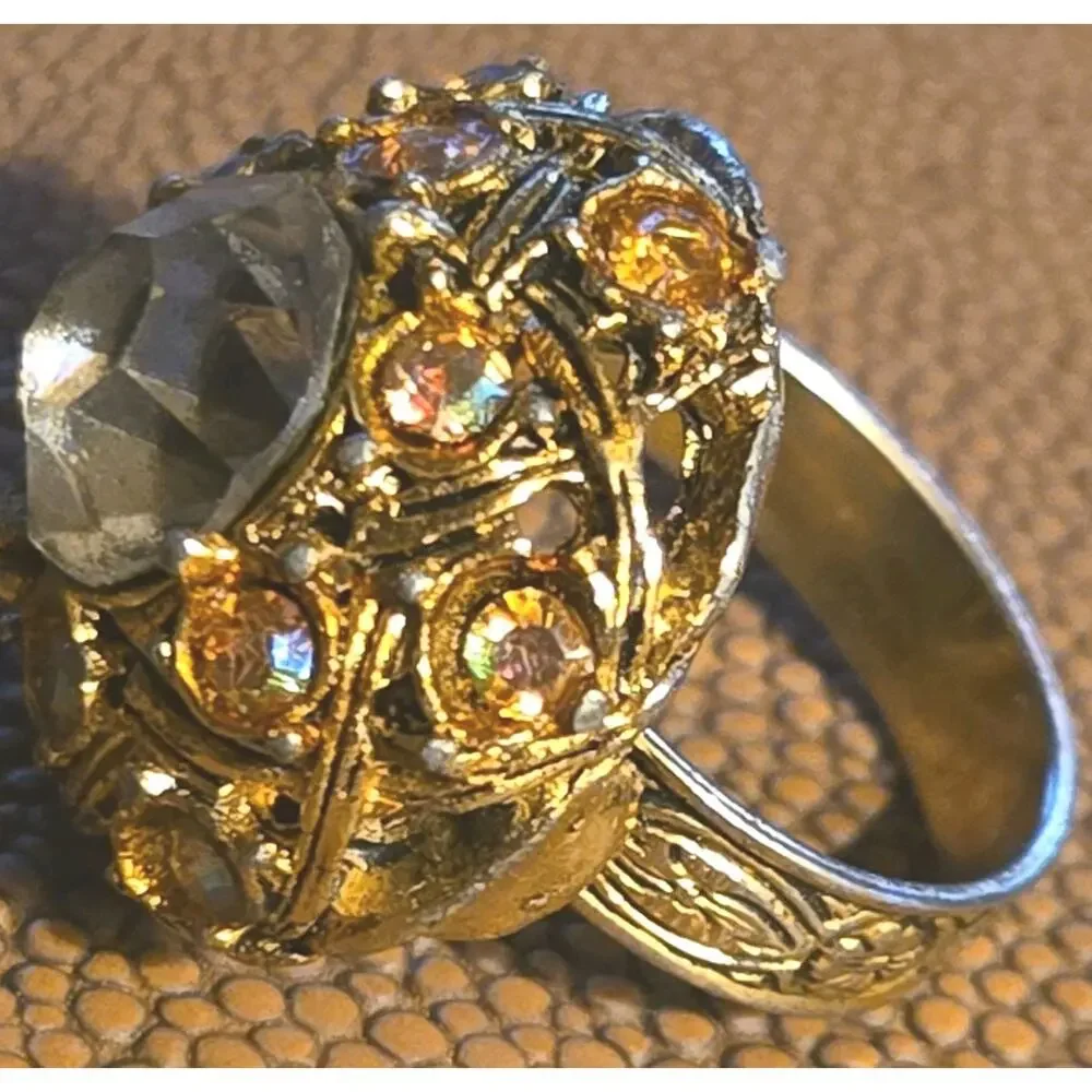Vintage Smoky Gray Glass Rhinestone AB Cocktail Ring Gold Tone Florenza Style